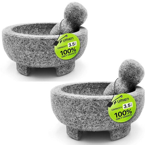 2 Sets Umien™ Granite Mortar and Pestle Set - 100% Granite - 3.5-Cups - 8-Inch – Avocado Tool Included – Natural Stone Molcajete for Spices, Pestos, & Guacamole (Grey) - Stone Grinder - Guacamole