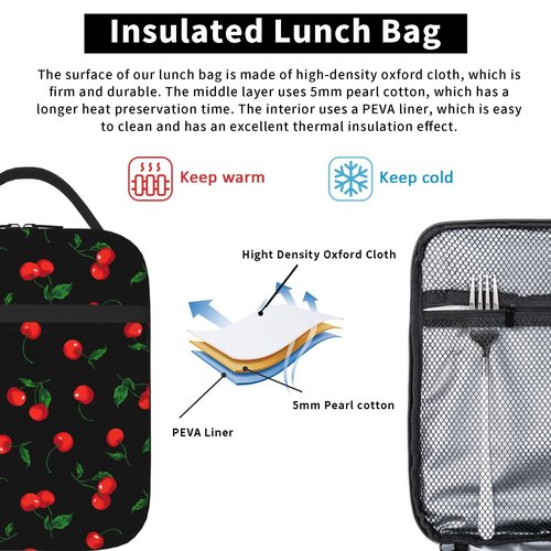 UEQIKI Cherry Insulated Lunch Bag for Women & Men, Reusable Leak-Proof Lunch Box with Cooler Compartment, Lunch Tote for Adults Work Travel Picnic Durable & Washable