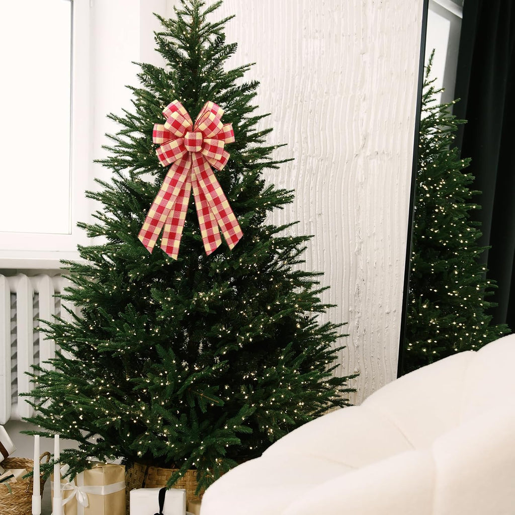Regine Switzerland Large Red Linen Buffalo Plaid Wreath Bow - Rustic Burlap Decoration for Weddings & Holidays