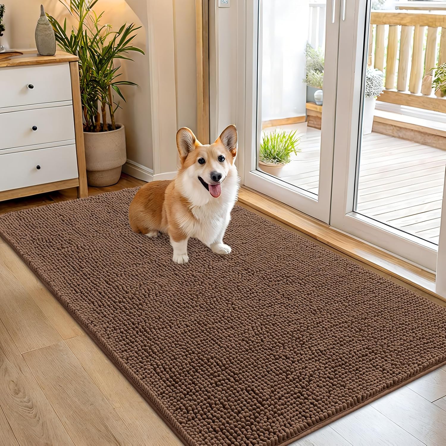 OLANLY Dog Door Mat - Absorbent Non-Slip Chenille for Muddy Paws | 54x32 Mocha Indoor Entryway Carpet