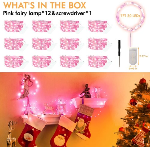 Bexdir Fairy Lights - 12 Pack Battery Operated 7FT Waterproof Silver Wire String Lights | Perfect for Home Decor, Parties, and Weddings