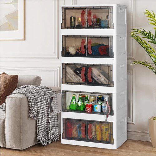 Simple Deluxe Plastic Storage Bins with Lids, 200 Qt (50 Gal) Storage Cabinet, 5 Pack Stackable Beige Closet Organizer, 20.5 x 11.4 x 52.4Inch Foldable Plastic Storage Container with Door