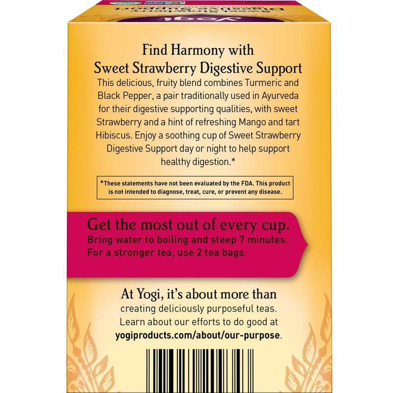 Yogi Sweet Strawberry Digestive Support Herbal Tea, Caffeine-Free, Vegan Friendly, Kosher, USDA Certified Organic, Non-GMO, 16 Tea Bags (Pack of 6)