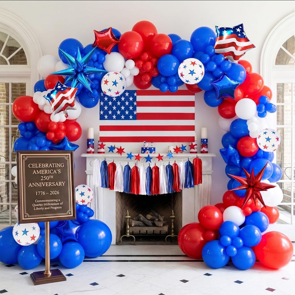 Patriotic Balloon Garland Arch Kit - Red, White & Blue Star Print & Flag Foil Balloons for 4th of July Decor
