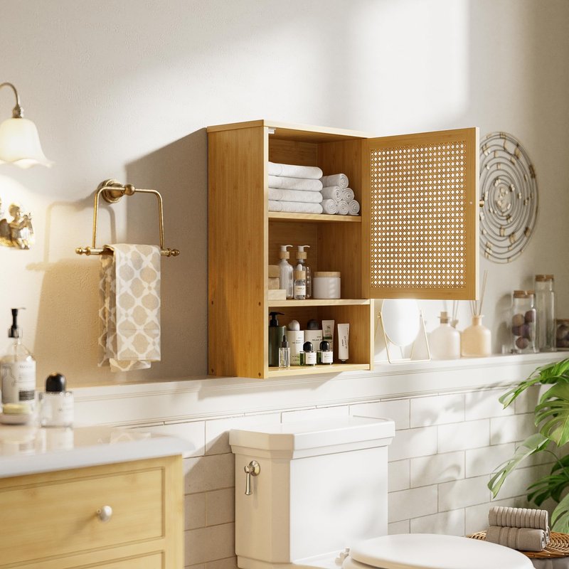 vovala Bathroom Wall Cabinet, Bamboo Over-The-Toilet Storage Organizer with Rattan Doors and Adjustable Shelf, Space Saver Medicine Cabinet for Laundry, Kitchen, Living Room (Natural)