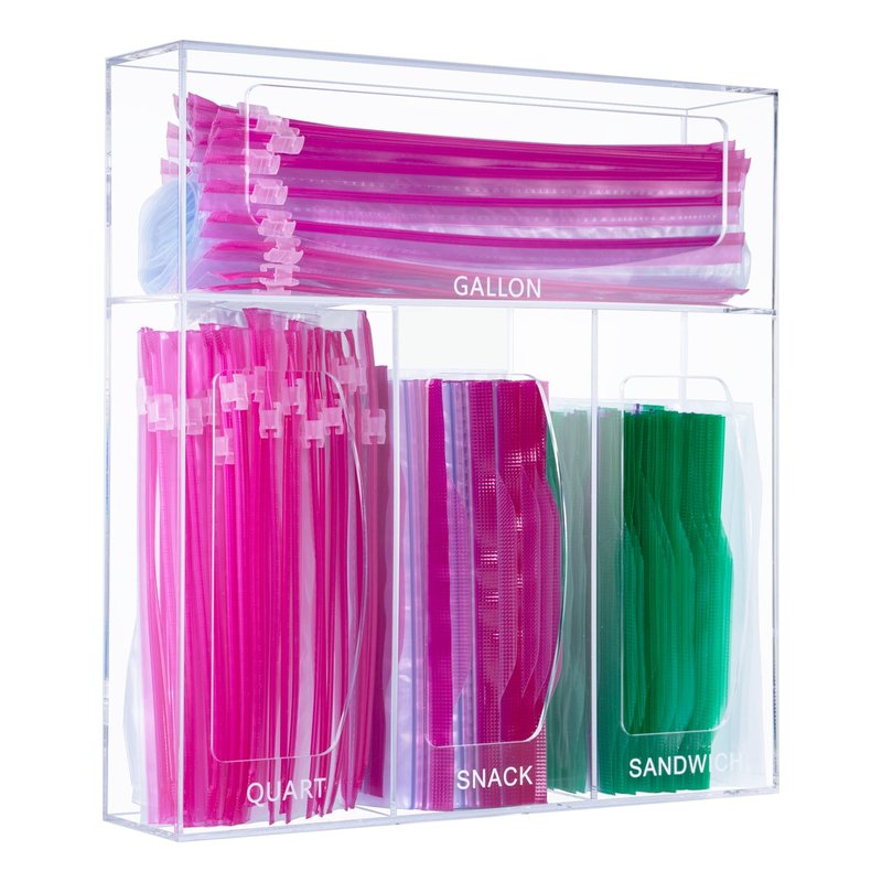 Aphbrada Acrylic Bag Storage Organizer for Kitchen Drawer, Food Storage Bag Organizer Holder Compatible with Ziplock, Glad, Hefty, Gallon, Quart, Sandwich & Snack Variety Size Bag (Clear)