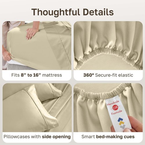 California Design Den Queen Size Bed Sheets Set - 100% Cotton, 400 TC, Silky Smooth Sateen, Deep Pockets - Beige