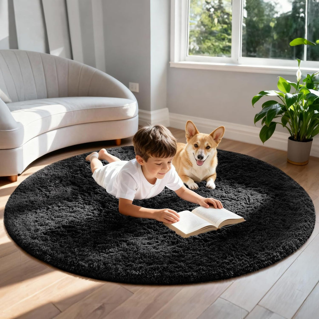 Ophanie Round Rug - 6Ft Black Circle Area Rug | Fluffy Soft Shaggy Carpet for Bedroom & Nursery Decor