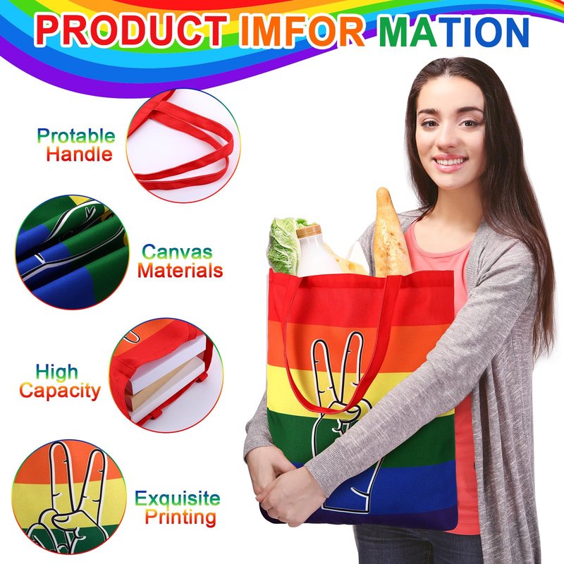 Wovnet 12 Pieces Rainbow Flag Canvas Tote Bags Pride Day Gift Bags Bulk Canvas Handbag for LGBTQ Pride Party Supplies (Pride Day)