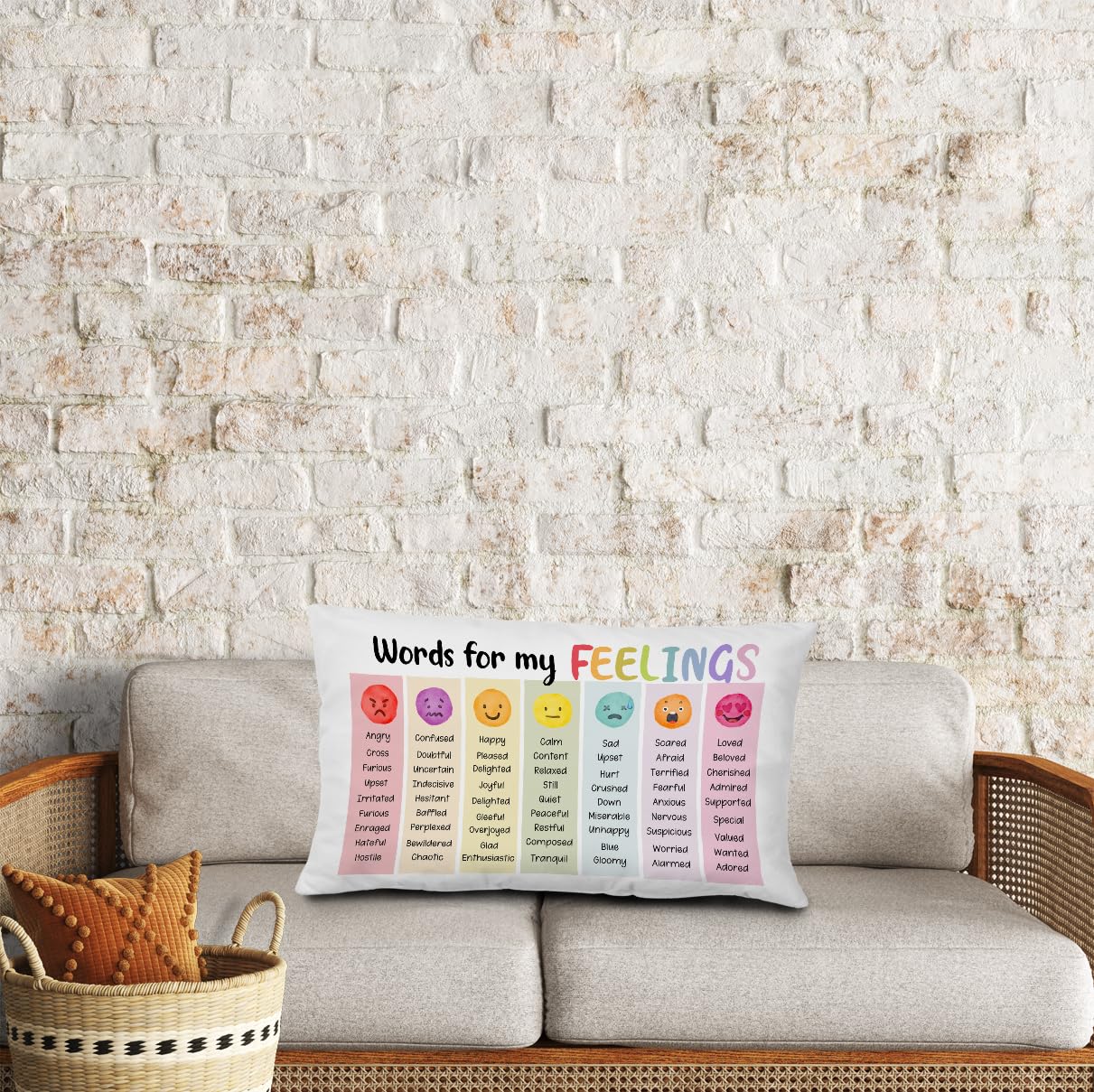 Qvapt Calming Corner Pillows, Girls Room Decor, Emotional Wheel & Feeling Pillow Covers 12x20, Classroom Pillowcase, Feelings Decorations Cushion