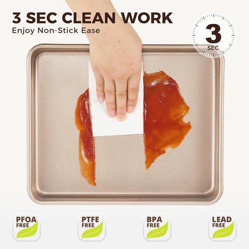 HONGBAKE Non-Stick Toaster Oven Pans - 11 x 9 Inch Heavy-Duty Baking Sheet Set | Easy to Clean, Gold Finish