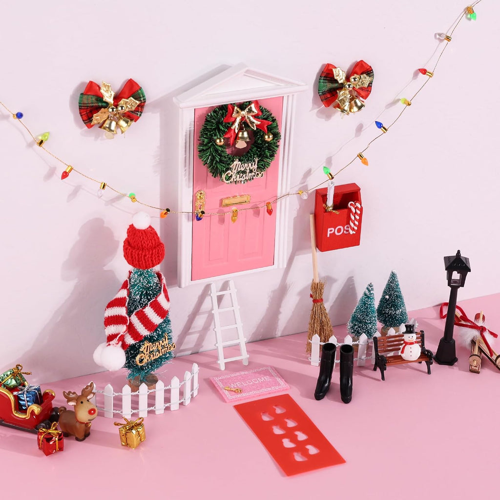 Skiennix Christmas Elf Girl Fairy Door Decor - Mini Wooden Tooth Fairy Door for Holiday Magic
