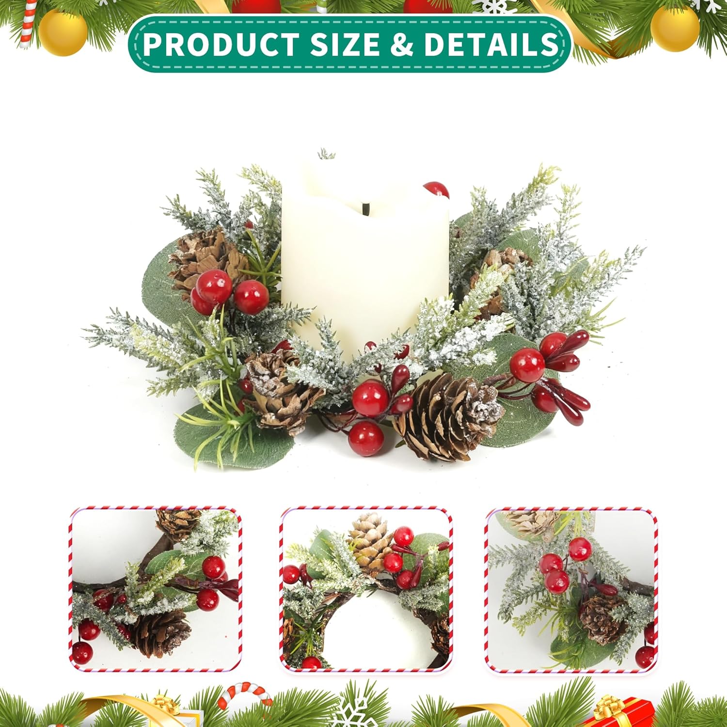 Skiennix Christmas Candle Rings - Mini Wreaths with Snowy Pinecone & Red Berry - Set of 6 (Red)