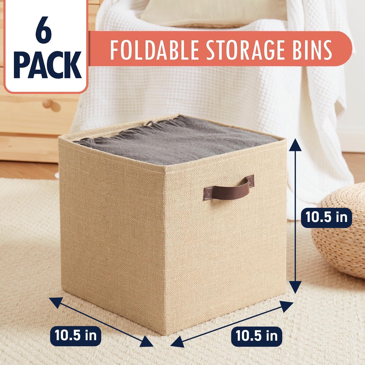 Ornavo Home Storage Cube Bins - 10.5 x 10.5 Jute Baskets, 6 Pack Foldable Organizers with Leather Handles