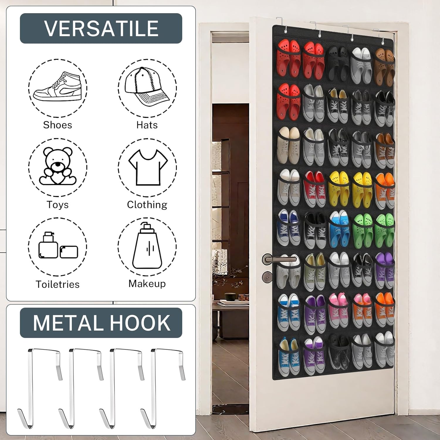 Skiennix Over The Door Shoe Organizer - 40-Pocket Hanging Rack for Closet Storage | Black Mesh Pockets
