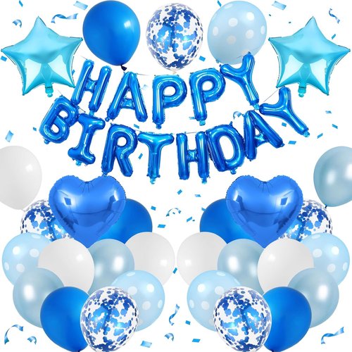 Blue Birthday Decorations by [Brand Name] - Happy Birthday Balloons & Polka Dot Confetti | Perfect for Boys' Parties