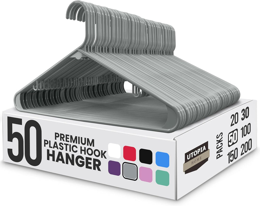 Utopia Home Plastic Hangers - Durable Space-Saving Closet Organizers | 50-Pack in Grey for Shirts, Pants & Coats