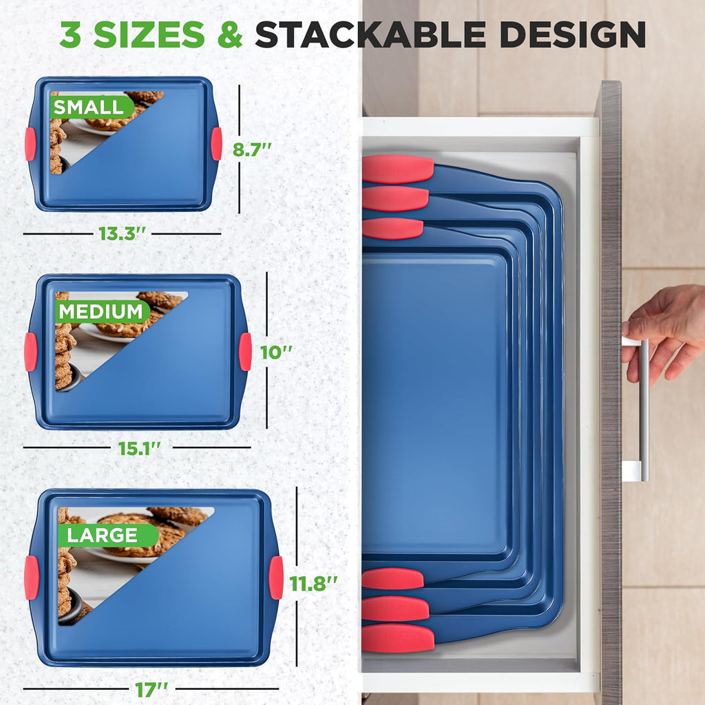 NutriChef Nonstick Baking Pans Set - Durable Carbon Steel Bakeware with Red Silicone Handles | Easy Cleanup (Blue)