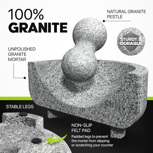 2 Sets Umien™ Granite Mortar and Pestle Set - 100% Granite - 3.5-Cups - 8-Inch – Avocado Tool Included – Natural Stone Molcajete for Spices, Pestos, & Guacamole (Grey) - Stone Grinder - Guacamole