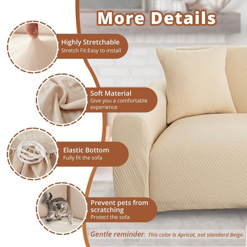 Oblu life Stretch Couch Covers, Couch Covers for 3 Cushion Couch Sofa pet Friendly, Washable, Furniture Protector Sofa with Elastic Bottom for Cats, Dogs (Puff Grid - Apricot, 3 Seats)