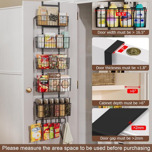 Hongtamoya Adjustable Over The Door Organizer - Metal Hanging Shelf with 5 Baskets & 7 Hooks | Black