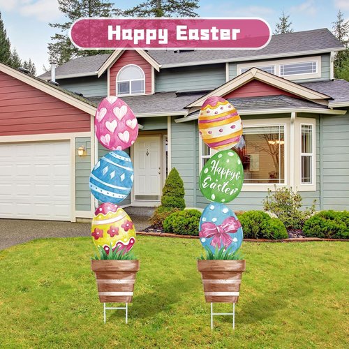 CroBlissful Large Metal Easter Eggs - Rustic Oil Painting Yard Signs | 29-Inch Garden Decor for Spring