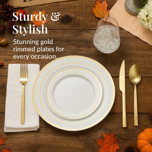 Prestee 50-Piece Disposable Plates Set - White with Gold Rimmed Plastic Plate for Parties, Holidays, Weddings - Includes 25 Dinner Plates and 25 Small Salad Platter - Ideal Thanksgiving Plate