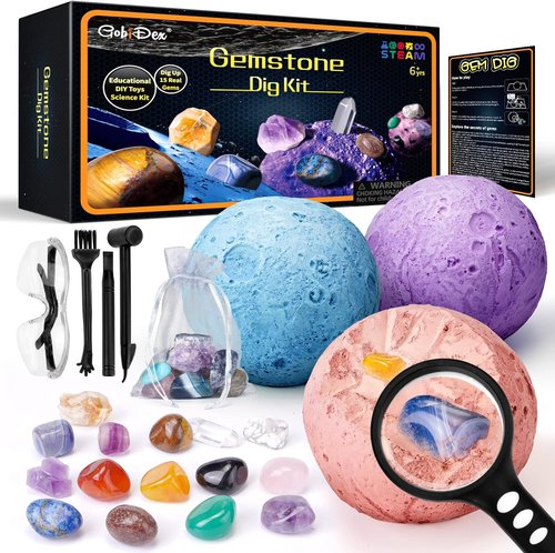 GobiDex Gemstones Dig Kit - Excavate 15 Real Gems | STEM Solar System Science Kit for Kids 6+