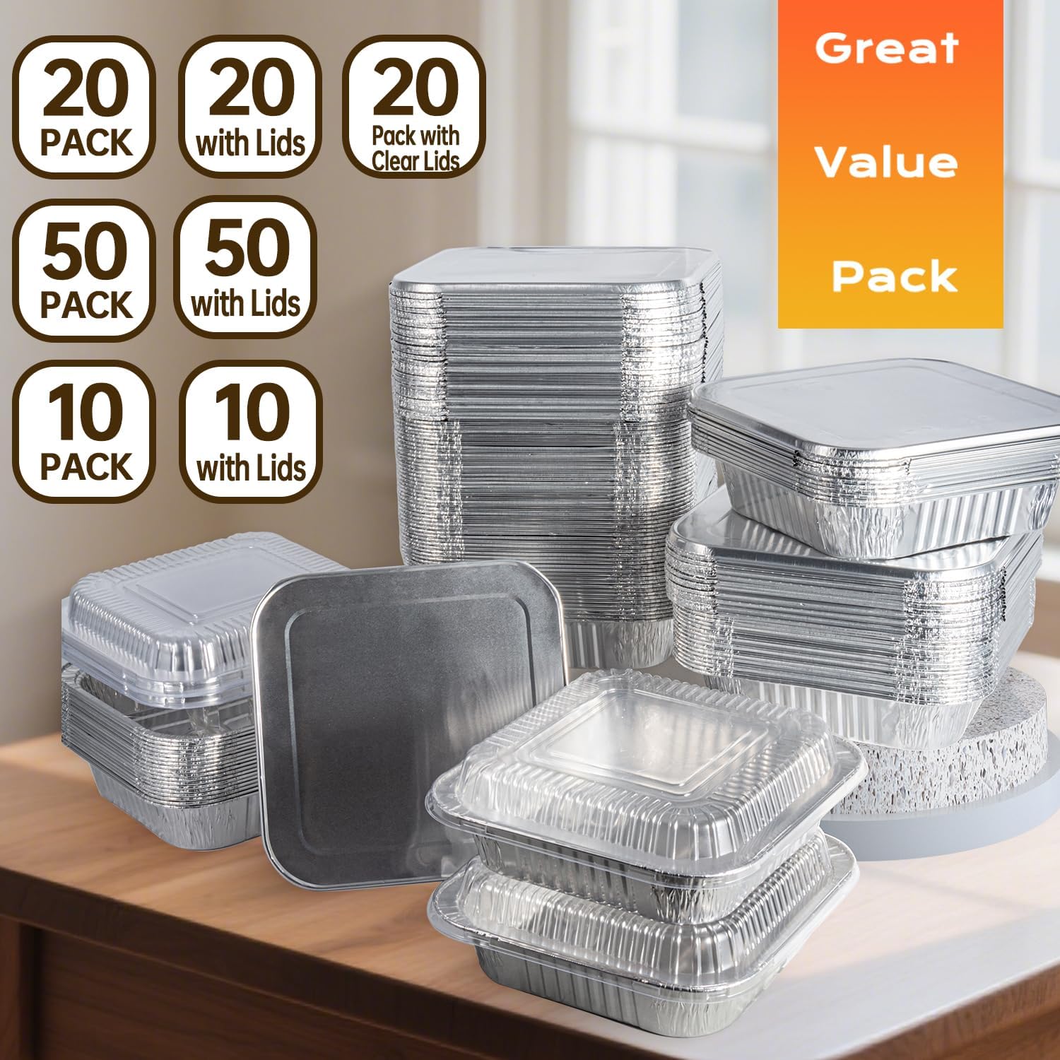 Aluminum Pans 8x8 with Clear Lids - 20 Pack Disposable Baking Trays for Cooking, Heating & Storing