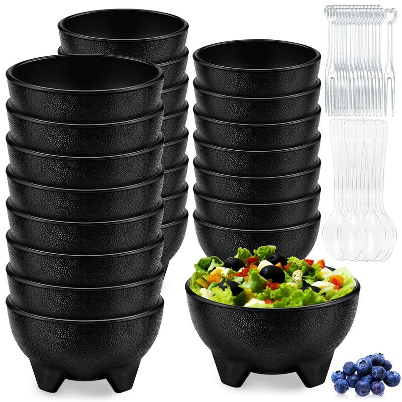 LOSYHU 24 Pack 13.5 OZ Salsa Bowls for Party, Unbreakable Guacamole Bowl Plastic Mexican Salsa Bowls Bulk Small Molcajete Bowl with Spoons and Forks for Fiesta, Chips, Dip, Candy, Black