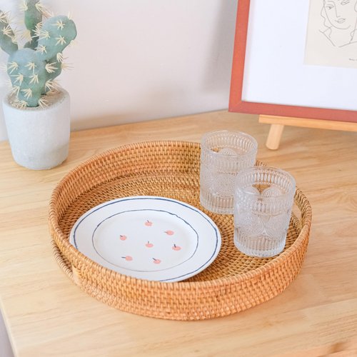 14'' Decorative Serving Tray, Natural Round Rattan Tray with 2 Handles, Hand Woven Tray for Coffee Table, Fruit, Remote Controls, Keys and Home Decor