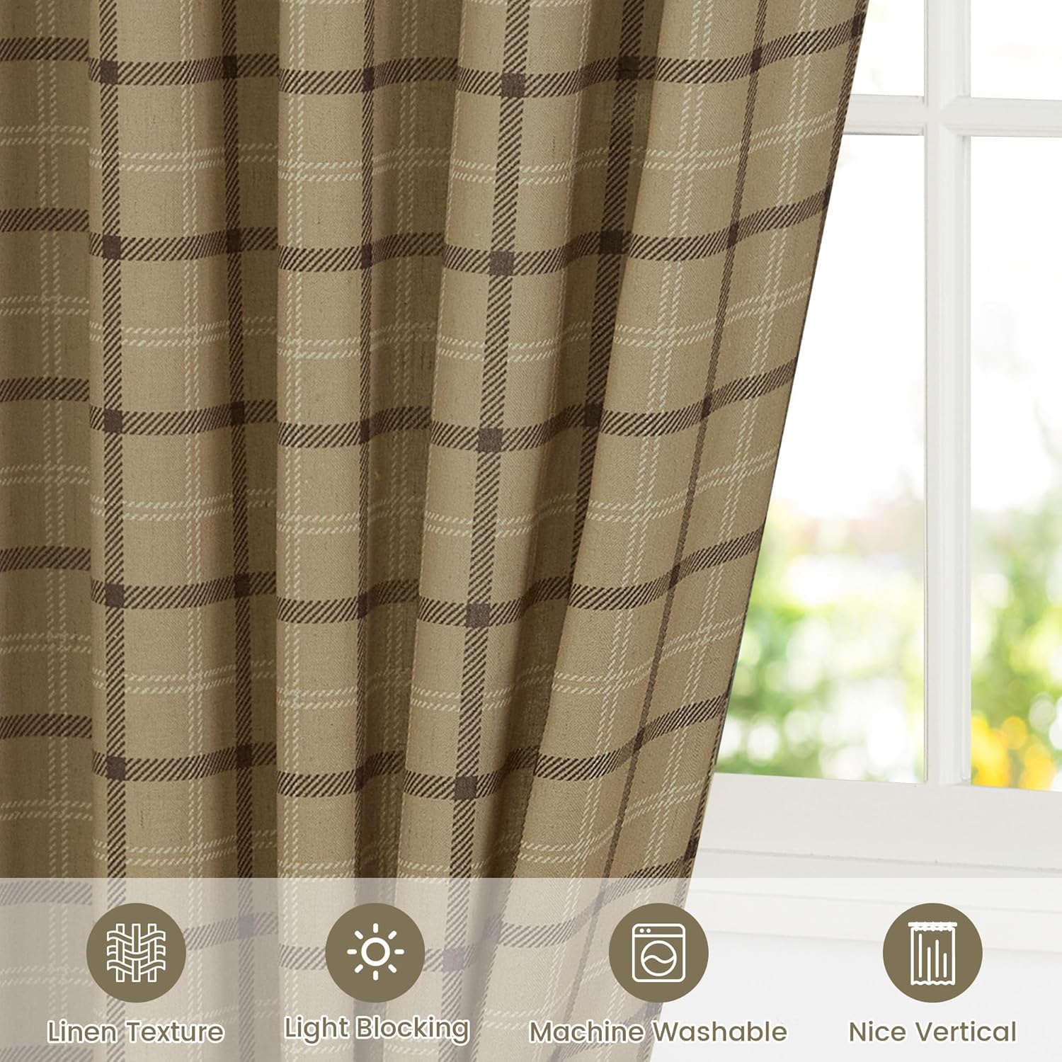 NICETOWN Linen Plaid Patterned Curtains - 84-Inch Light Filtering Privacy Shade | Semi-Sheer, 1 Pair, 52W x 84L