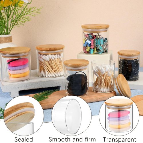 Dandat Glass Apothecary Jars - 6 Pack with Lids for Bathroom Storage | 8.5 oz & 10.8 oz Cotton Ball Dispensers