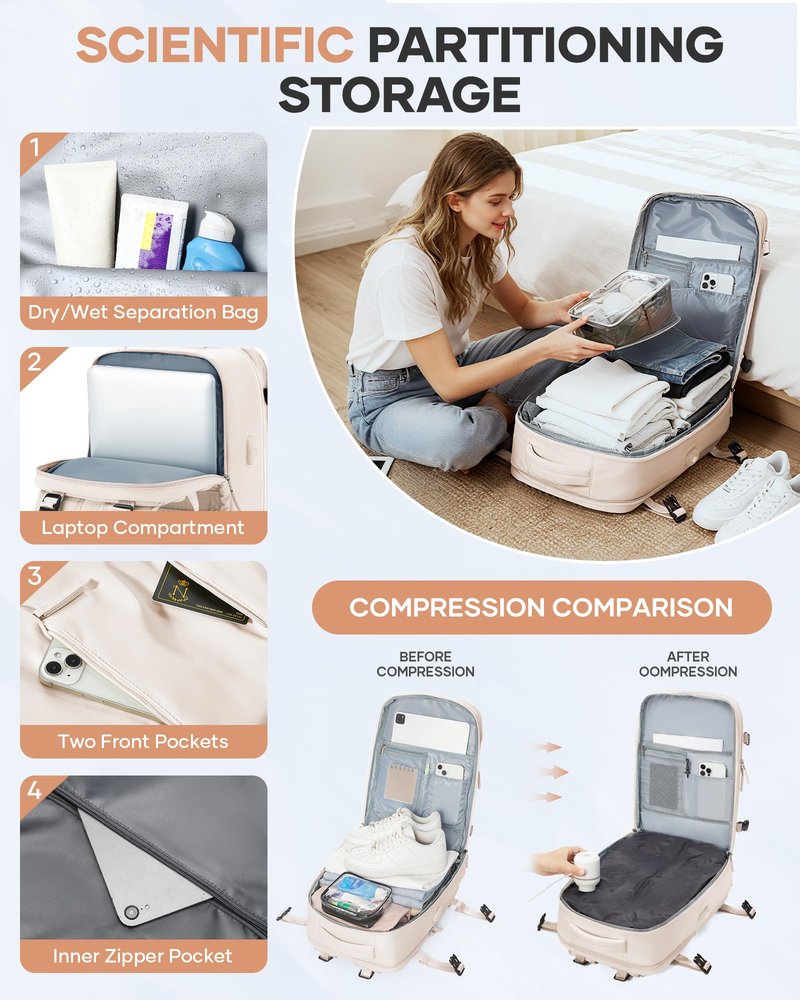 SEAFEW Large Travel Backpack with Vacuum Seal Compression, Vacuum Travel Flight Backpack with Electric Pump, Waterproof Work Backpack Compression bags Casual Daypack with USB Charging Port, Beige