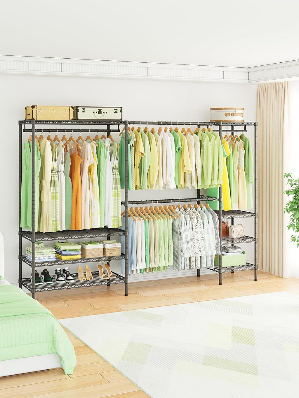 Ulif E11 Heavy-Duty Garment Rack - Metal Freestanding Clothes Organizer with 8 Shelves & 4 Hanger Rods | Black, 73.2-97.6" W x 14.5" D x 71.2" H, 1034 LBS Capacity