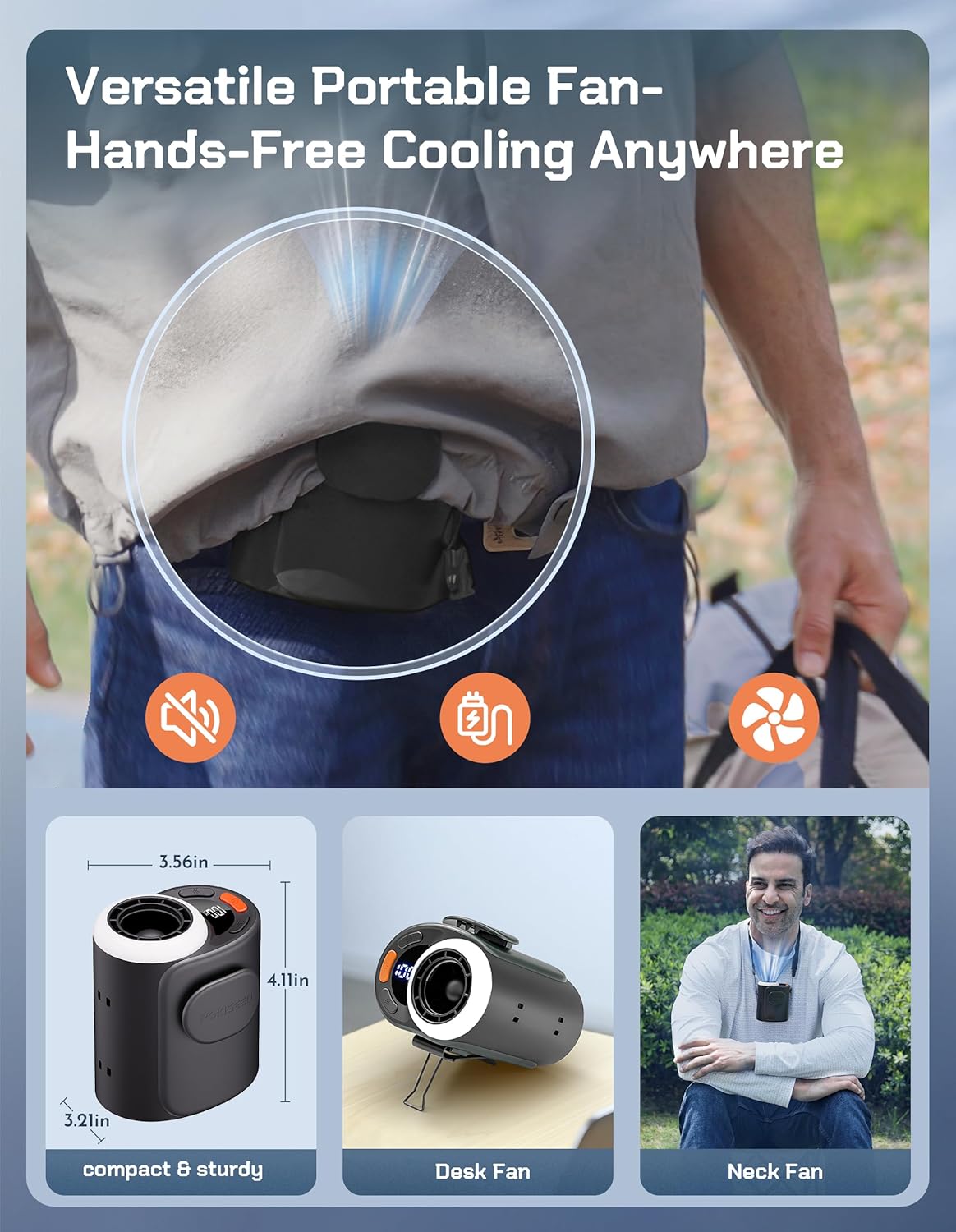 POKISEED Portable Fan - 10000mAh Rechargeable Battery, 40H Runtime, 5-Speed Turbo Cooling | Hands-Free Design (Black)
