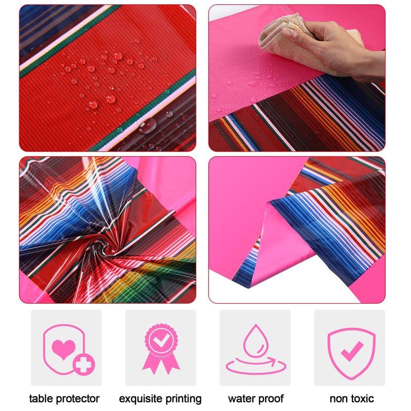 Oudain 3 Pcs Fiesta Tablecloth 108 x 54 Inch Plastic Tablecover Waterproof Mexican Tablecloth Mexican Striped Table Cover for Taco Night Festive Fiesta Wedding (Green,Orange,Pink)