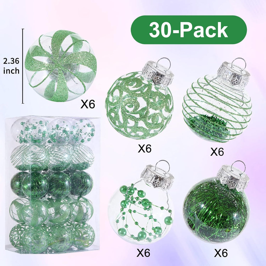 Skiennix Christmas Ornaments Set - 30pcs Shatterproof Green & Clear Decorative Baubles for Holiday Decor