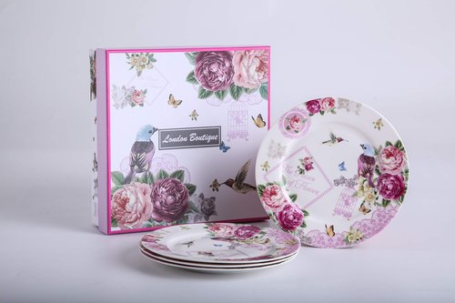 London Boutique Cake Plate Set 4 Porcelain Fine China Wide Rimmed Shabby Chic (Bird Rose Butterfly)
