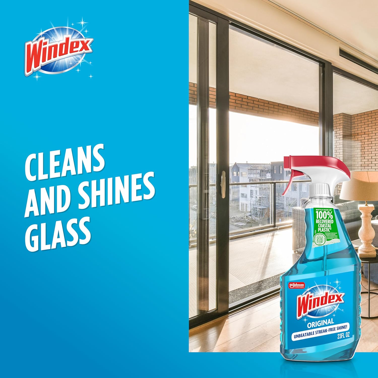 Windex Glass Cleaner Spray - Eco-Friendly 100% Recycled Plastic | Original Blue Scent, 23 Fl Oz (Pack of 6)