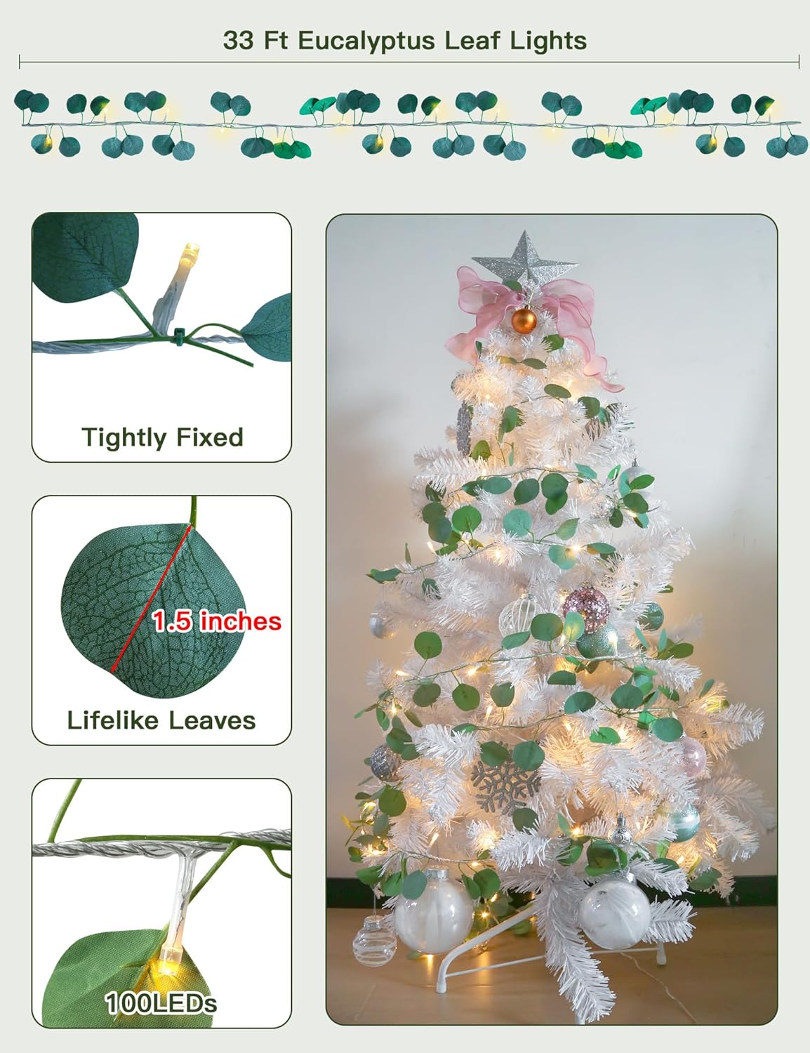 Suddus Eucalyptus Garland String Lights - 33ft 100 LED Plug-In with Remote | Warm White for Bedroom, Garden, Party Decor