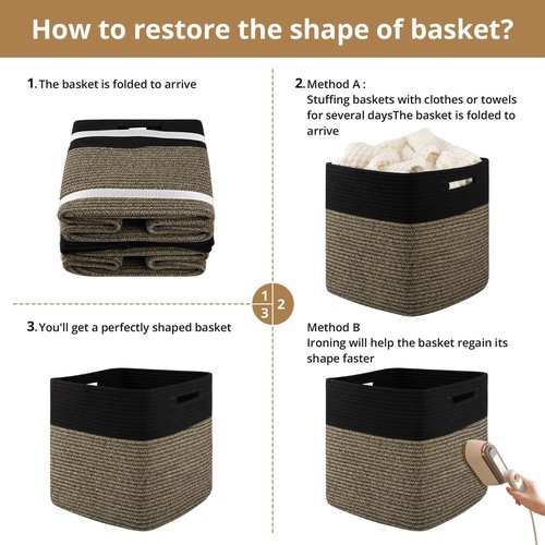 OIAHOMY 13 Kallax Inch Cube Storage Bins, 3-Pack Cotton Rope Woven Baskets for Organizing, Kallax Insert Storage Baskets for Shelves, Baby Nursery, Closet Organizer, 13*13*12.6IN, Black & Mixed Brown