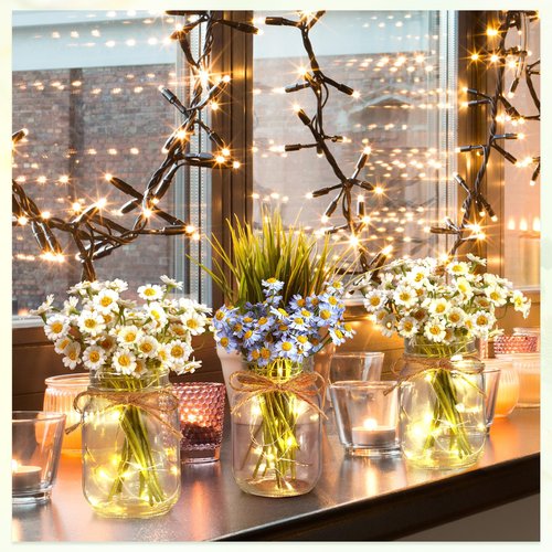 Chunful 12 Pcs Glass Mason Jar with LED Lights for Table Centerpiece Decorations Set Clear Rustic Farmhouse Coffee Table Decor with LED Lights for Wedding Dining Room Kitchen Decor (Warm Light)