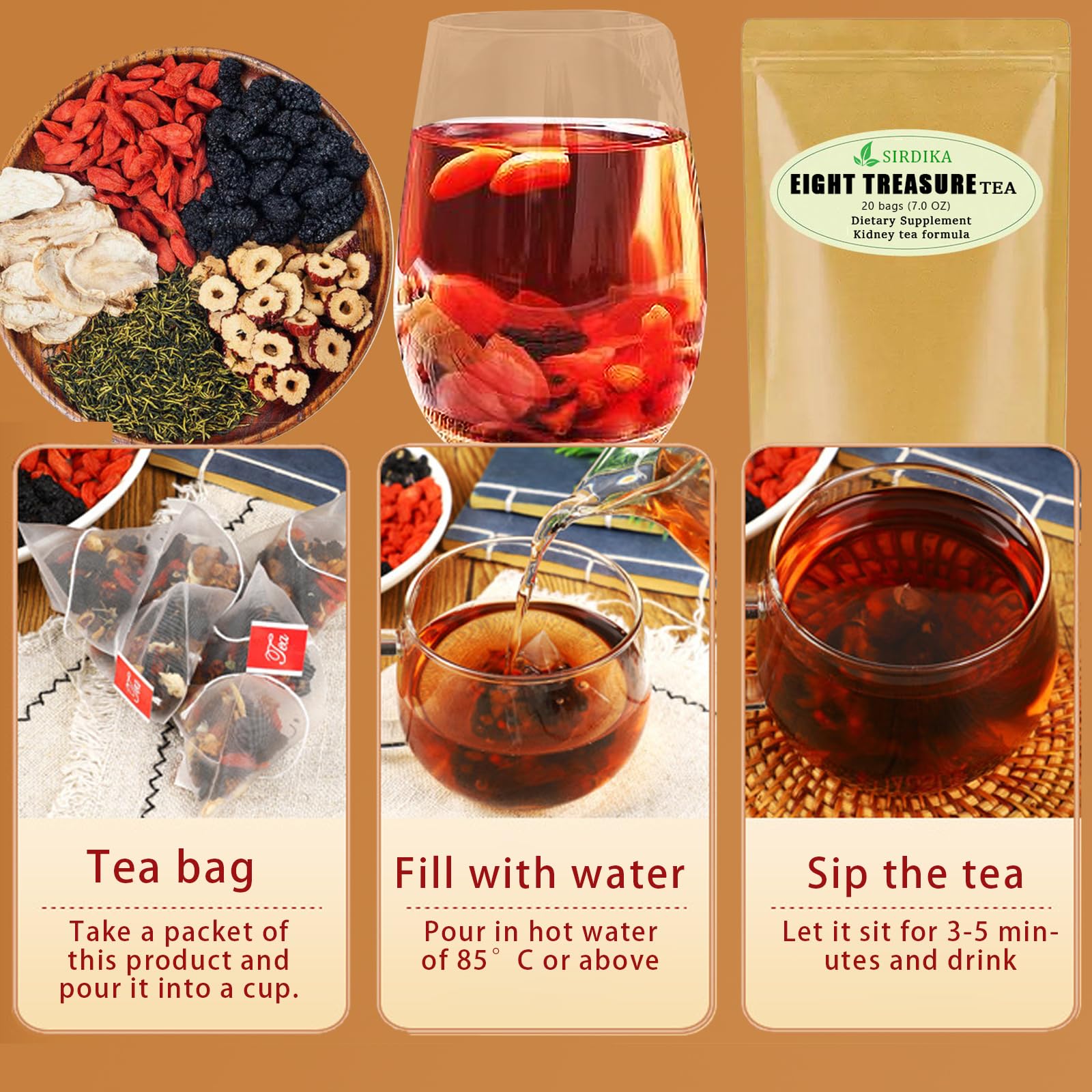 Eight Treasure Ginseng Kidney Tea - 20 Bags Combination Scented Five Treasure Men's Health Herbal Formula Red Date Wolfberry Tea (20 Pack / 1 Bag)