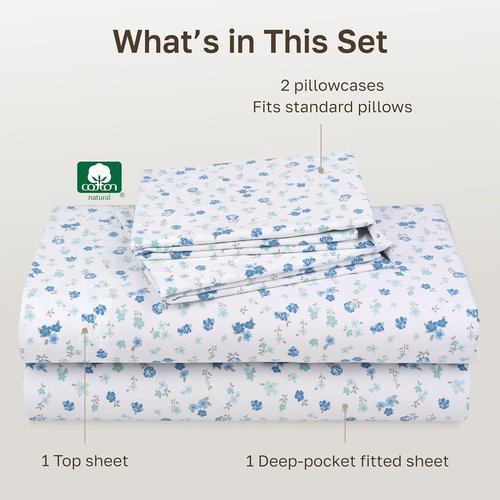 California Design Den Queen Size Cotton Sheet Set - 100% Soft, 400 TC, Deep Pockets, Floral White/Blue