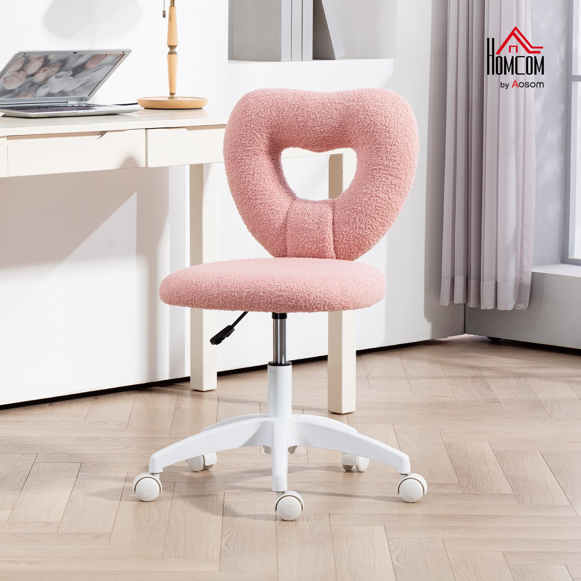 HOMCOM Armless Home Office Cute Desk Chair, Height Adjustable Computer Task Chair, Modern Teddy Fleece Heart Makeup Vanity Chair with Swivel Wheels, Pink