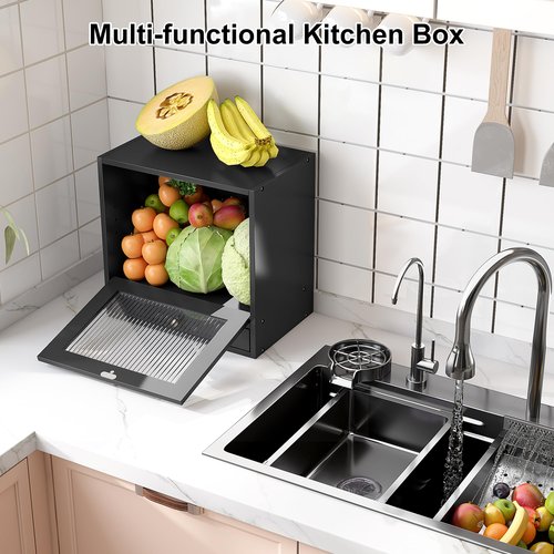Alpeir Wooden Bread Box for Kitchen Countertop, Large Capacity with Ventilation Holes Adjustable Tiered-Shelf, Vintage Farmhouse Breadbox with Drawer & Window, Longer Freshness, Black