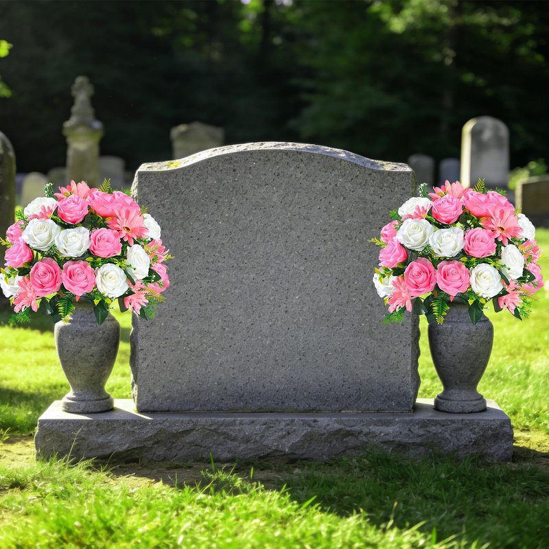 Yastouay 3 Sets Artificial Cemetery Flowers for Grave with Vase, Grave Decorations for Cemetery with Rose Carnation Flowers for Memorial Cemetery Grave Tombstone Decorations