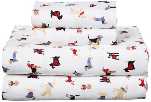 Brielle Home Flannel Sheet Set Cotton Soft Warm & Cozy Modern Chic with Elastic Deep Pockets, Queen, Dogs White