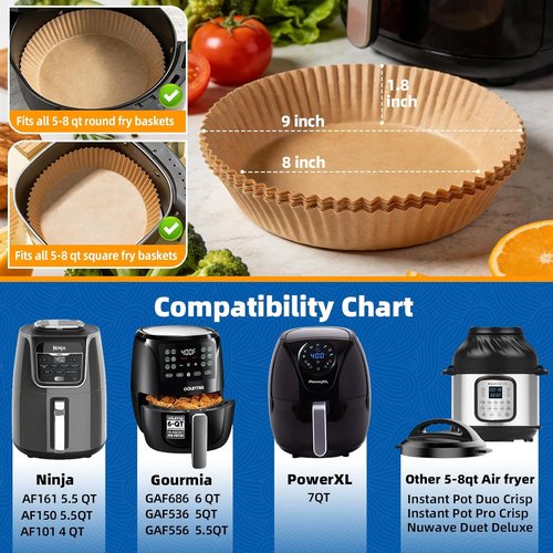 HONYAO 200pcs Disposable Air Fryer Liners - Strong 8-Inch Paper for 5qt to 8qt Baskets, BPA-Free